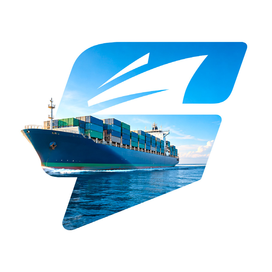 Container vessel under way, framed in the Sirtica mark