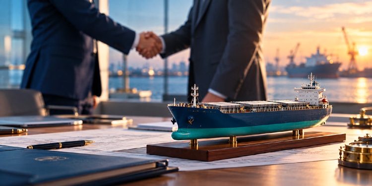 Handshake over a ship model at a port office