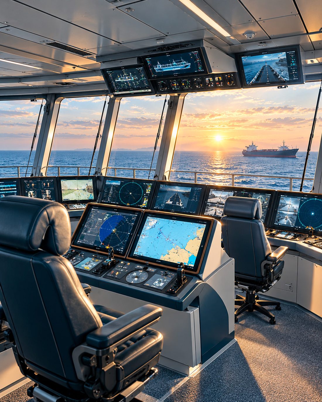 Ship's bridge at sunset with navigation displays