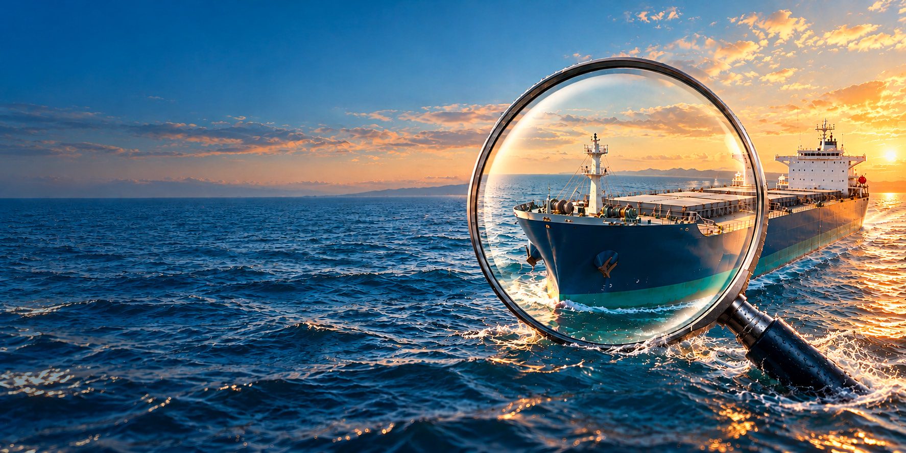 Bulk carrier at sea viewed through an inspector's magnifier